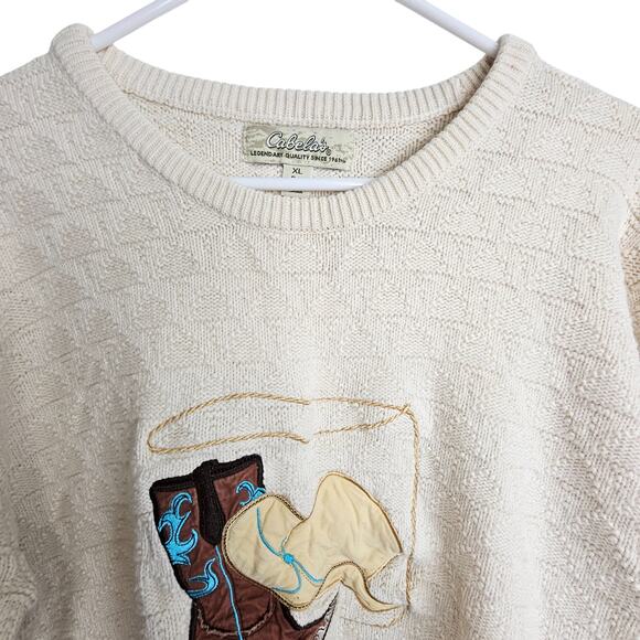 Cabelas Sweater Knit Sweater Women XL Cream Cowboy Print Pullover Sweater Women - Picture 2 of 8